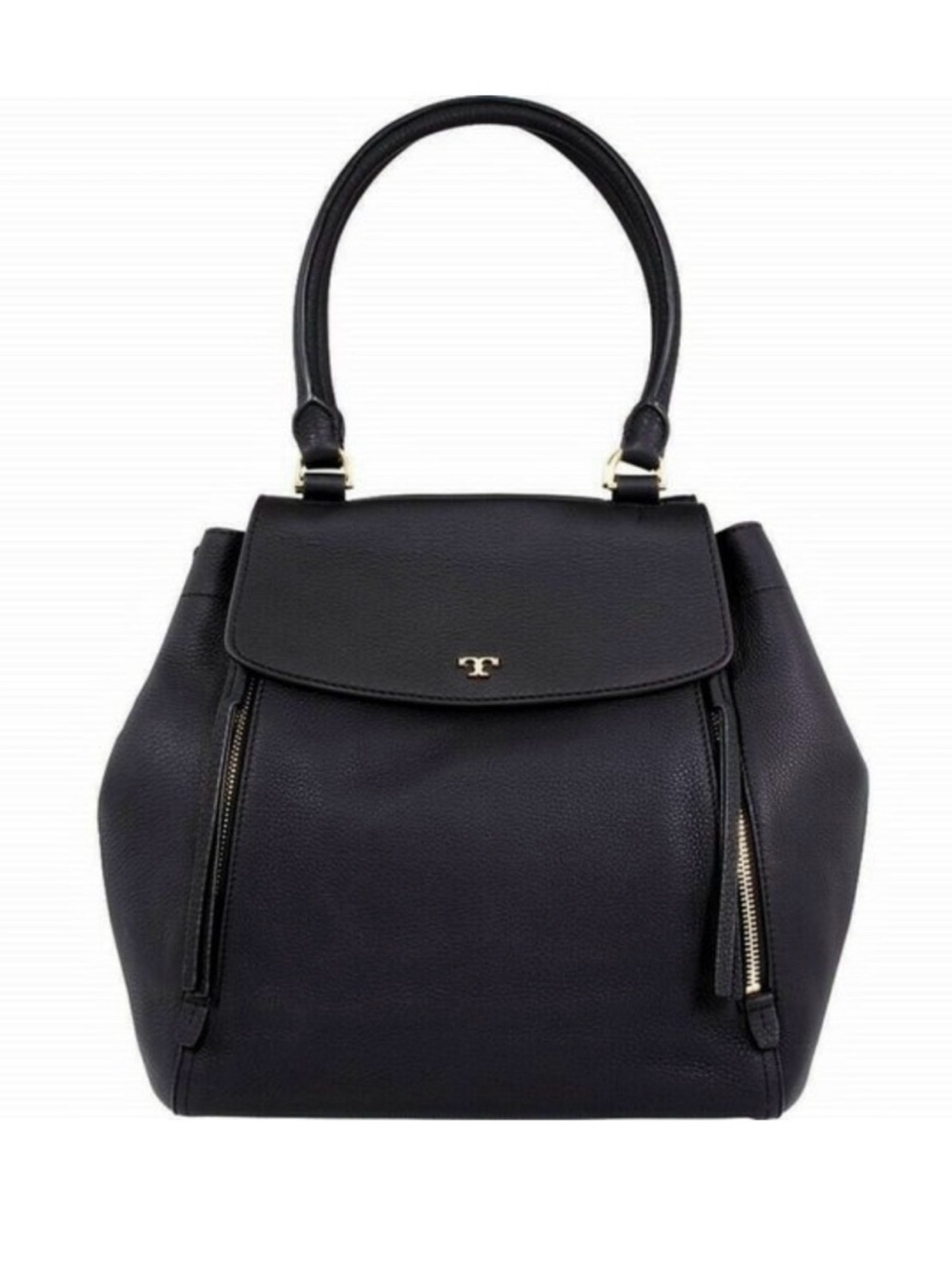 Tory Burch Half-Moon Pebbled Leather Satchel Tote Black Gold Hardware